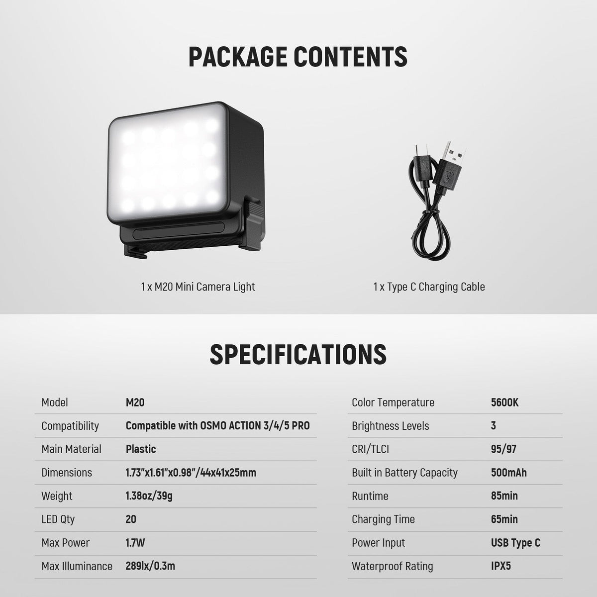 Package Contents of the NEEWER M20 Magnetic Mini Light for OSMO Action 3/4/5 PRO
