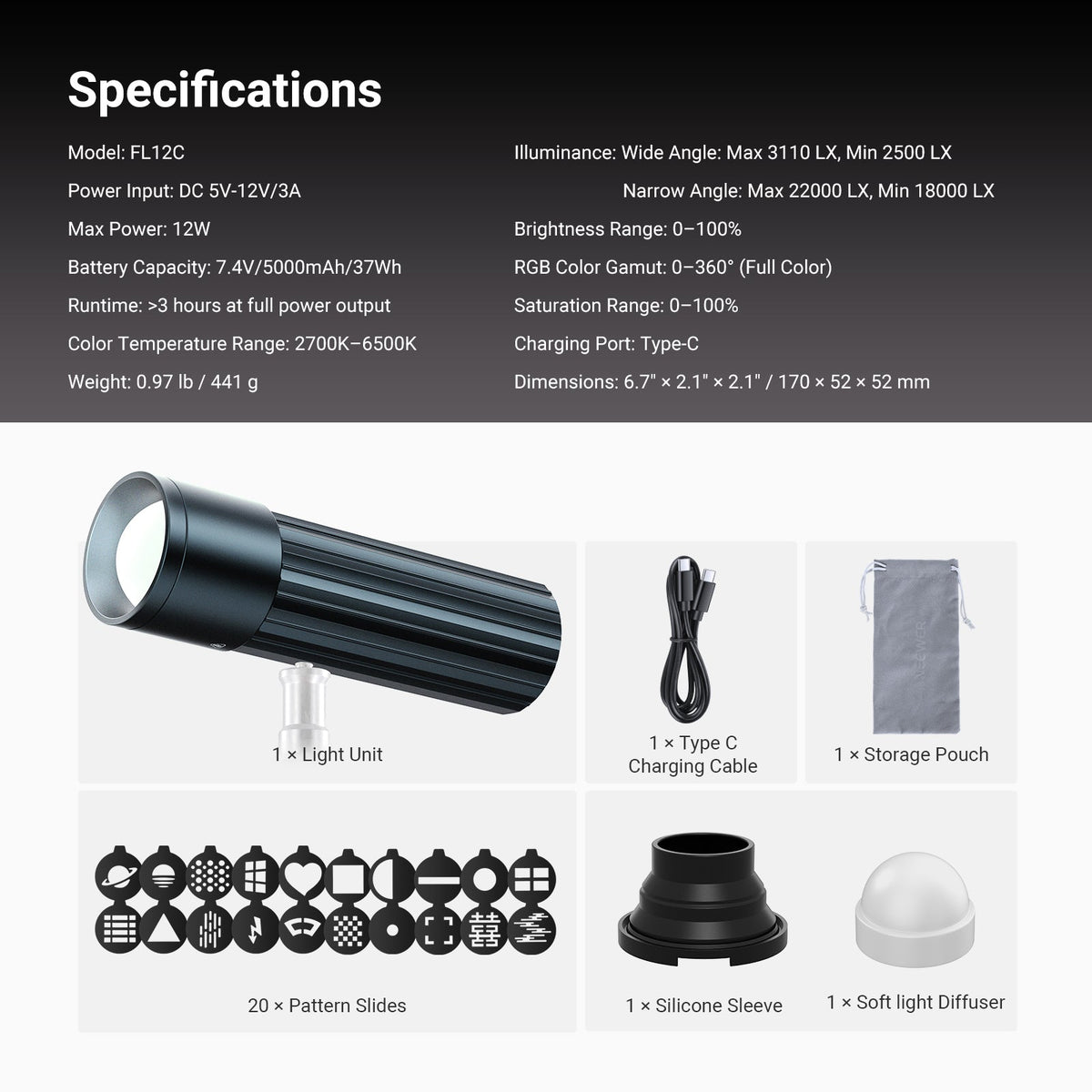 This package includes a photography spotlight, a silicone sleeve, a soft light diffuser, 20 gobo filters, a cable, and a storage pouch.