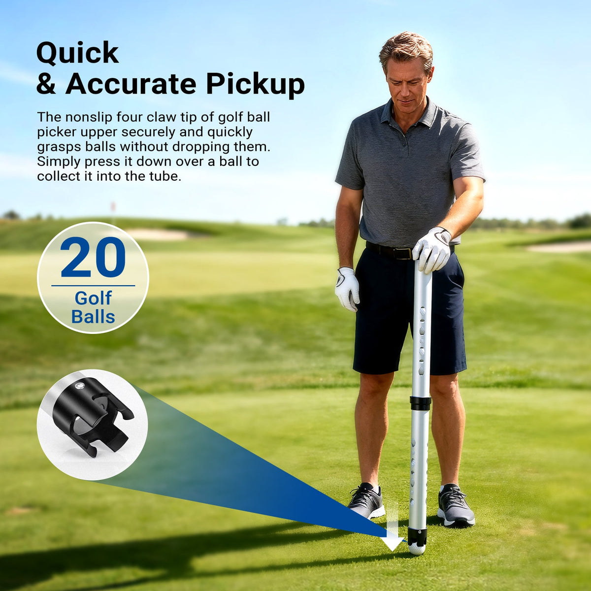 The nonslip plastic four claw tip of golf ball picker upper securely and quickly grasps balls without dropping or scratching them.
