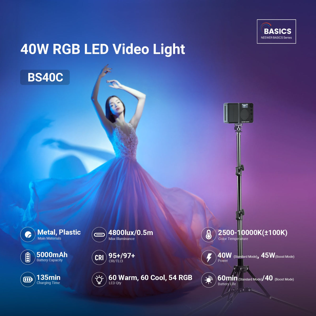 A girl in a skirt uses the NEEWER BS40C Magnetic RGB Video Light to illuminate her dance performance