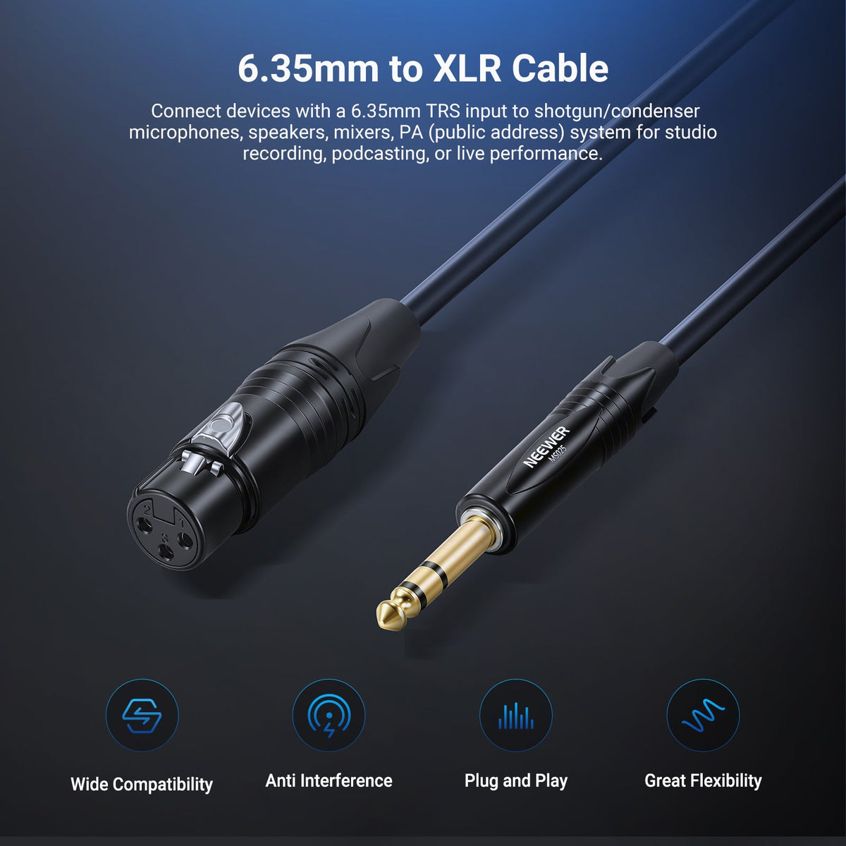 NEEWER MS025 6.35mm 1/4 Inch TRS to XLR Female Cable connects devices with a 6.35mm TRS input to shotgun/condenser microphones, speakers, mixers, PA (public address) system for studio recording, podcasting, or live performance.