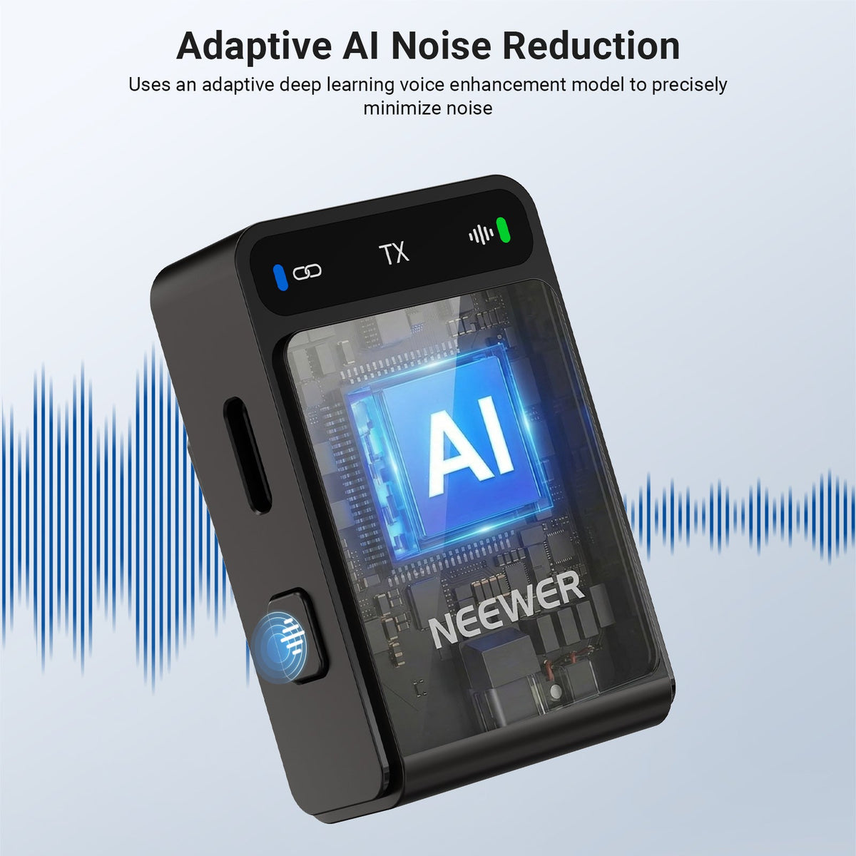 NEEWER CM36 Wireless Lavalier Microphone uses an adaptive deep learning voice enhancement model to precisely minimize noise.