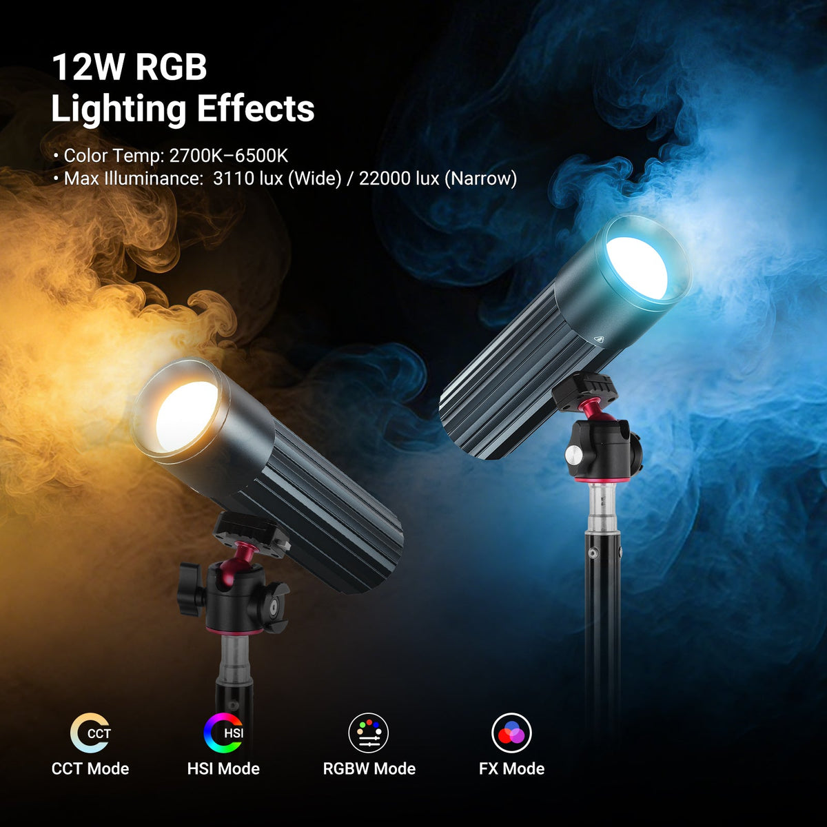 Two NEEWER FL12C RGB LED Photography Flashlights, each mounted on a tripod with a ball head. One emits warm yellow light, while the other produces cool blue light.