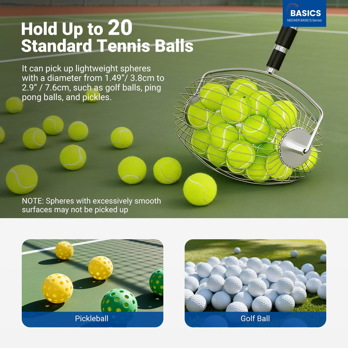 NEEWER TB04S Tennis Ball Pickleball Collector Roller cam pick up lightweight spheres with a diameter from 3.8cm to 7.6cm, such as golf balls, ping pong balls, and pickles.