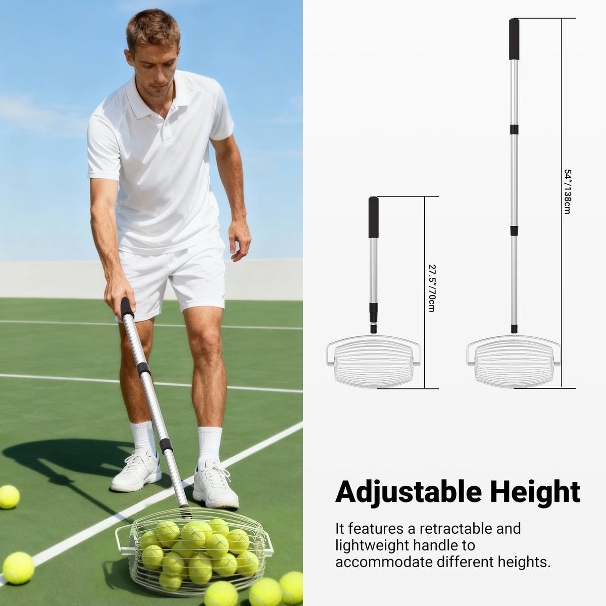 A man is using the NEEWER TB04S Pickleball Collector Roller to pick up tennis balls.