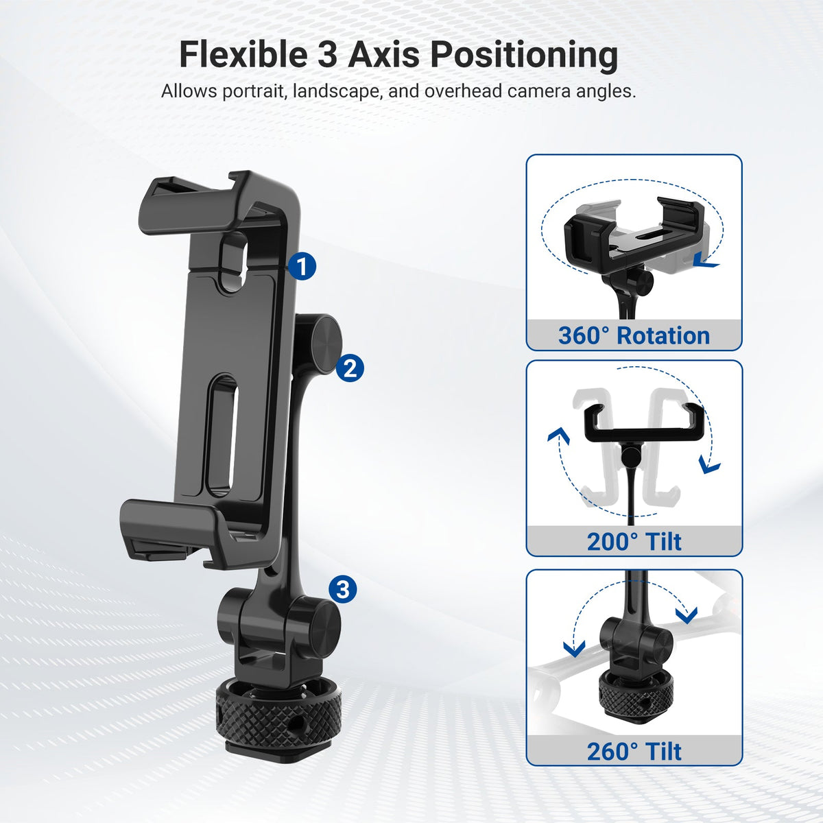 NEEWER PA154 Metal Phone Holder allows portrait, landscape, and overhead camera angles.