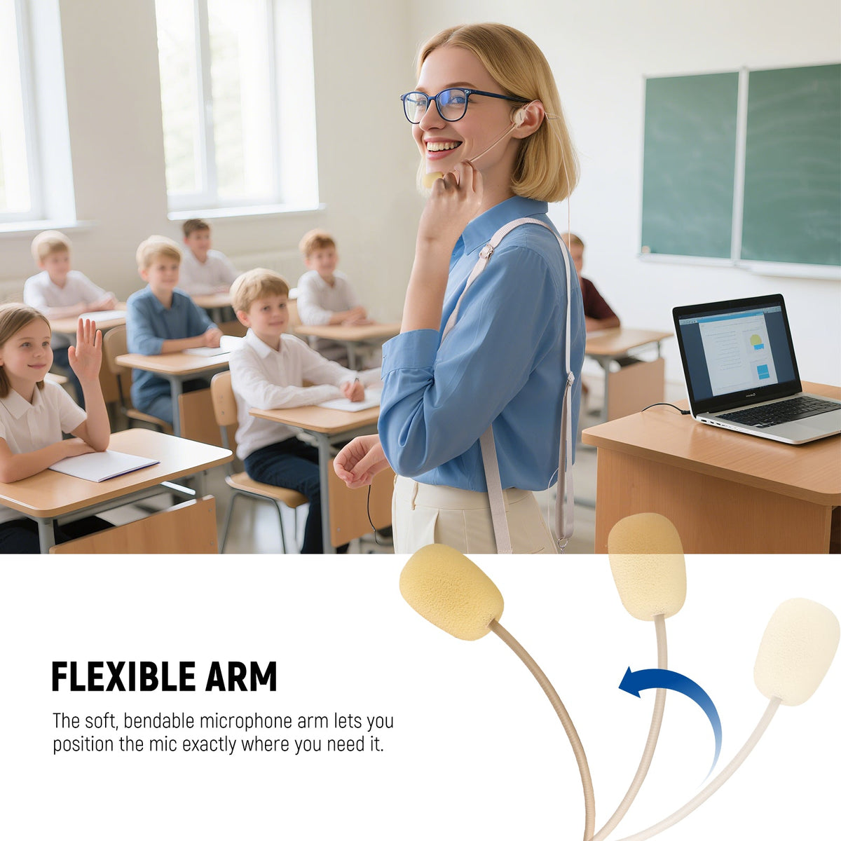 A female teacher uses the NEEWER LM9 Portable Magnetic Headset Microphone to teach her students.
