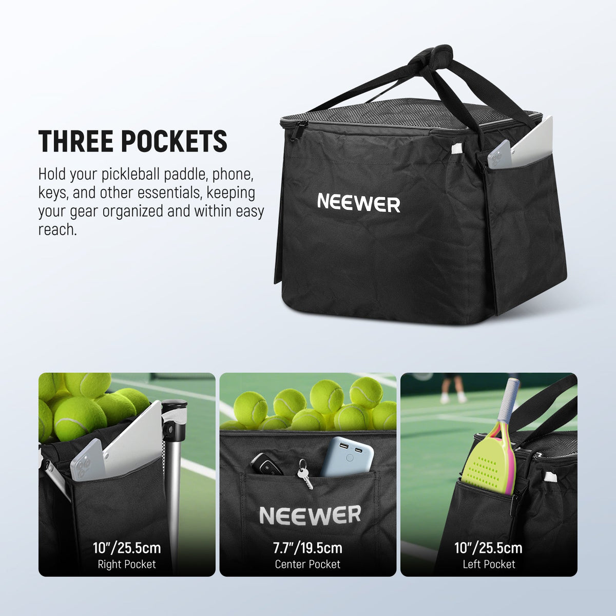 Three side pockets securely hold pickleball paddles, phones, keys, and other items or accessories.