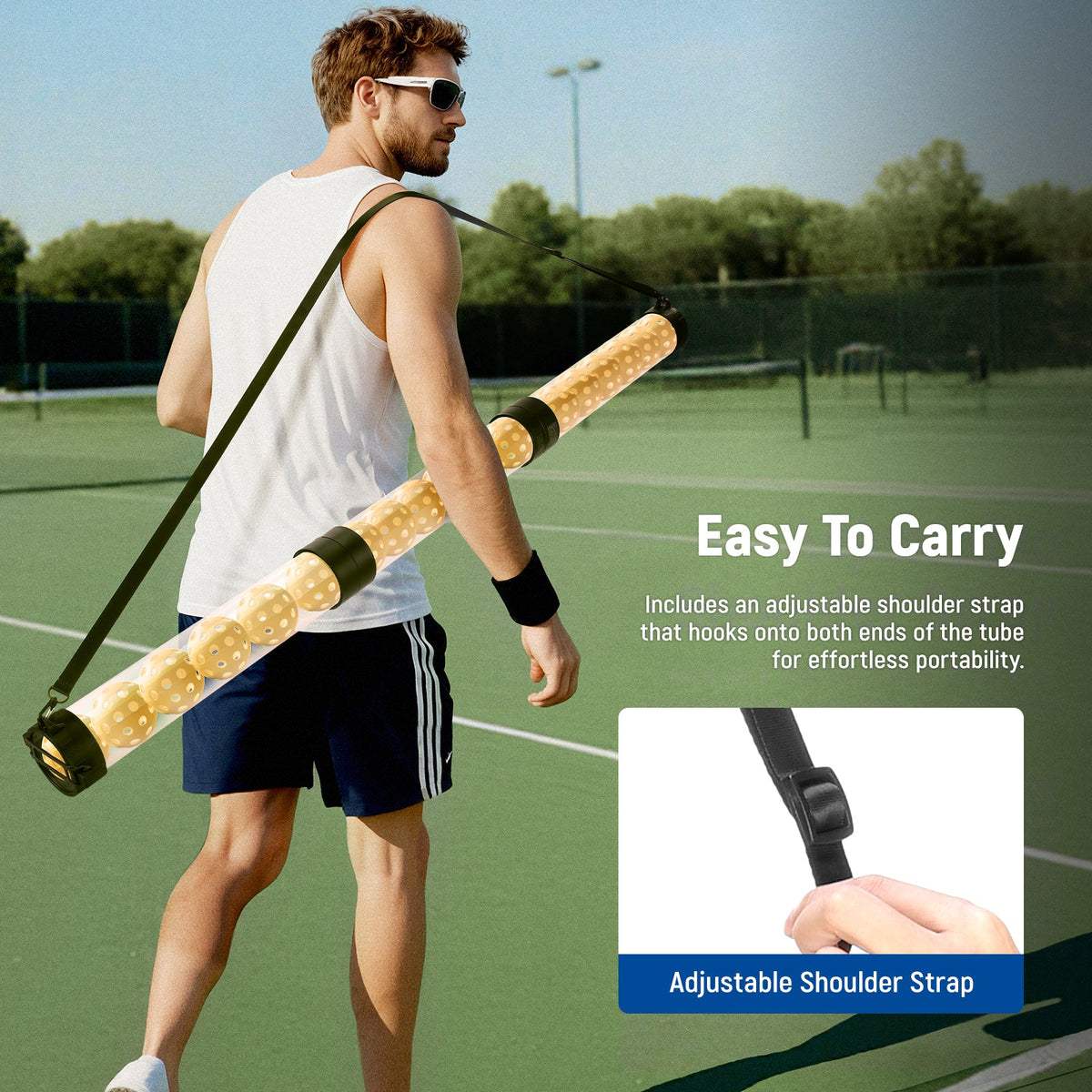 A boy wearing sunglasses carries the NEEWER PB01S tennis ball picker-upper tube using its adjustable shoulder strap