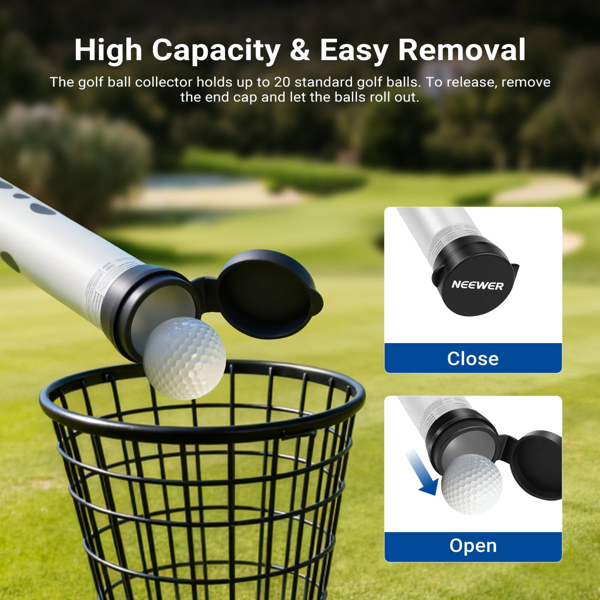 The golf ball collector holds up to 20 standard golf balls.