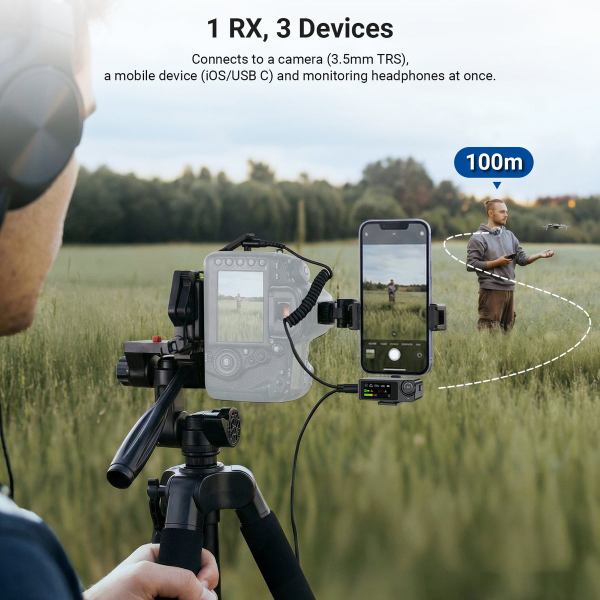 A content creator operates a camera and smartphone on a tripod, capturing footage of a man standing in a grassy field 100 meters away.