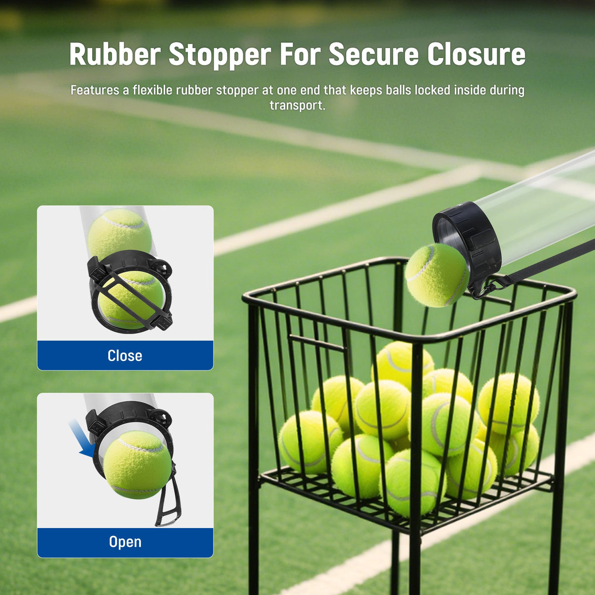 NEEWER PB01S tennis ball picker upper tube features a flexible rubber stopper at one end.