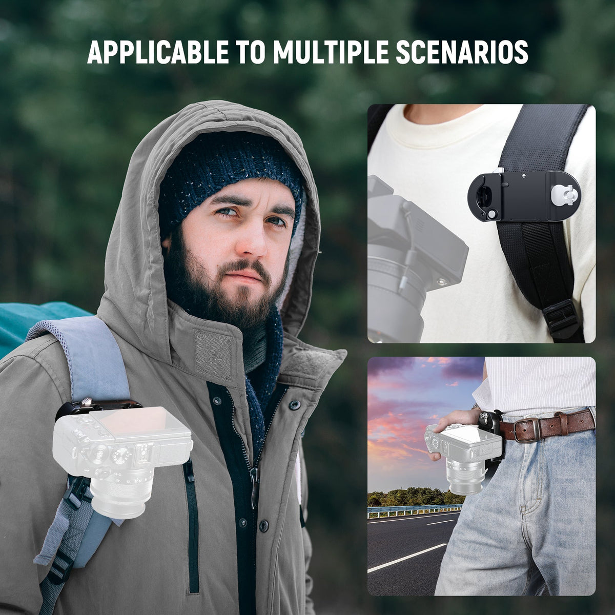 NEEWER GP67 Versatile Backpack Camera Clip is applicable to outdoor scenarios.