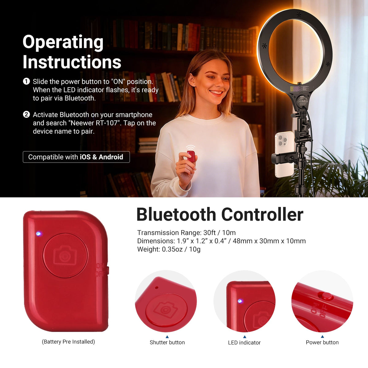 A woman is controlling the NEEWER N43 Selfie Ring Light via Bluetooth.