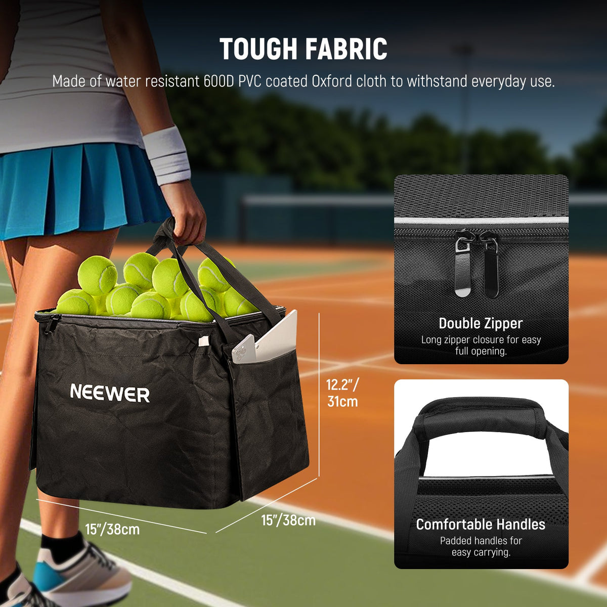 NEEWER TB02X Rolling Tennis Ball Cart is made of water resistant 6000 PVC coated Oxford cloth to withstand everyday use.
