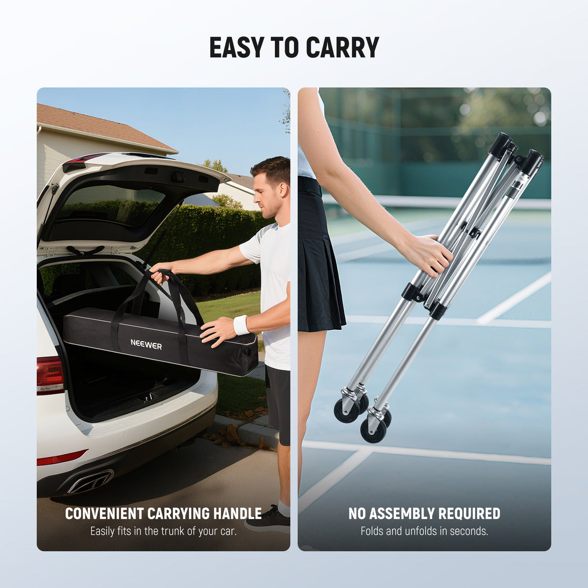 NEEWER TB02X Rolling Tennis Ball Cart can be folded and easily fit in the trunk of your car.