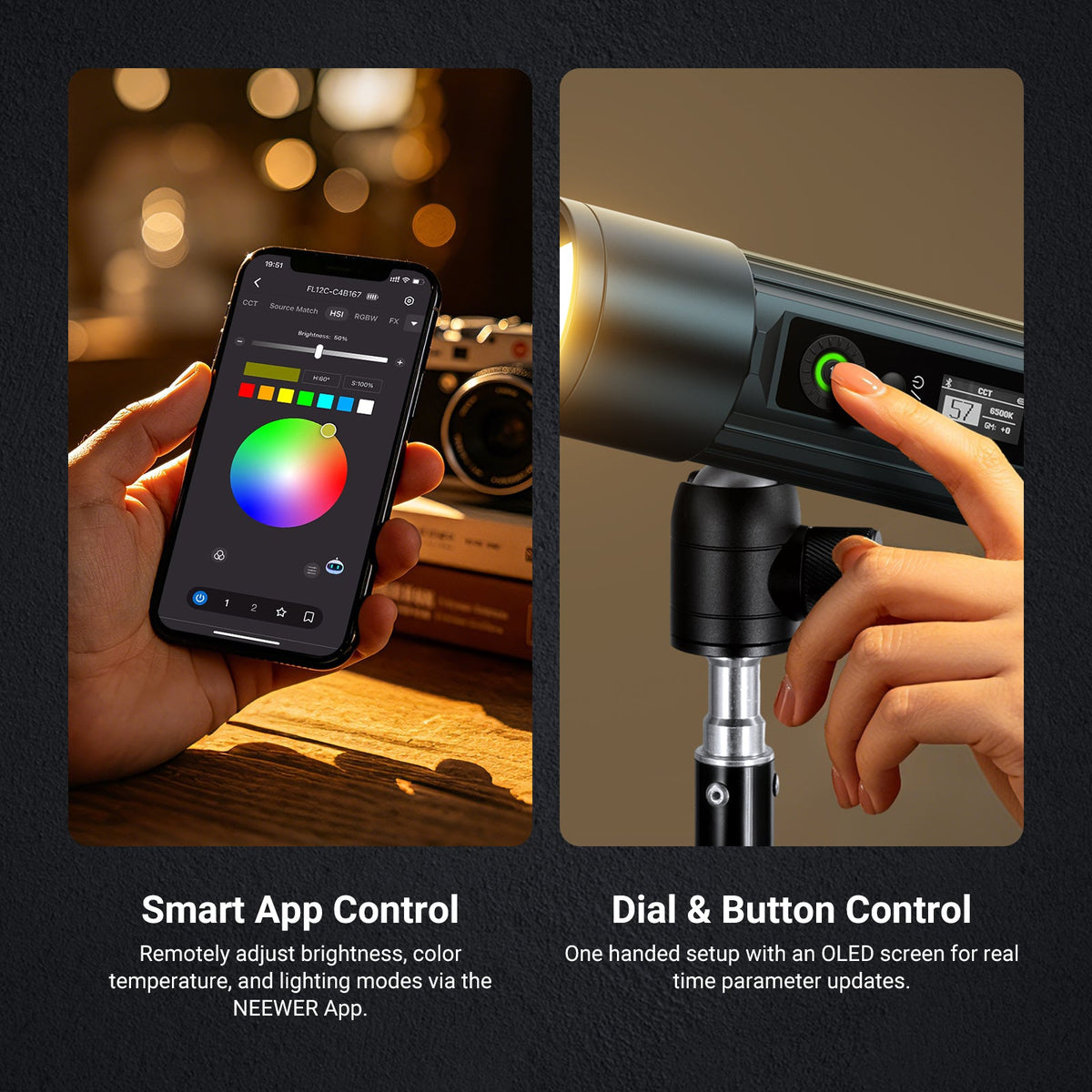The NEEWER FL12C RGB LED Photography Flashlight supports smart APP control, dial, and button control.