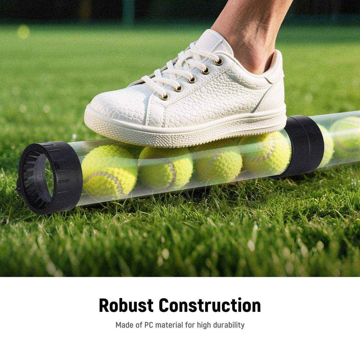 Stepping on the NEEWER PB01S tennis ball picker-upper tube with one foot causes absolutely no damage