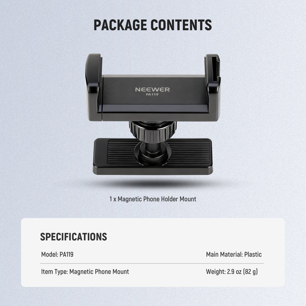 Specifications of the NEEWER PA119 Magnetic Phone Holder Mount for Gym