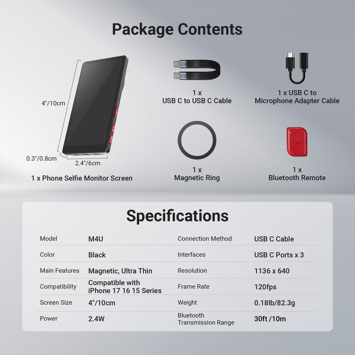 This package includes a phone selfie monitor screen, a magnetic ring, a Bluetooth remote, a USB C to USB C Cable, and a USB C to Microphone Adapter Cable.