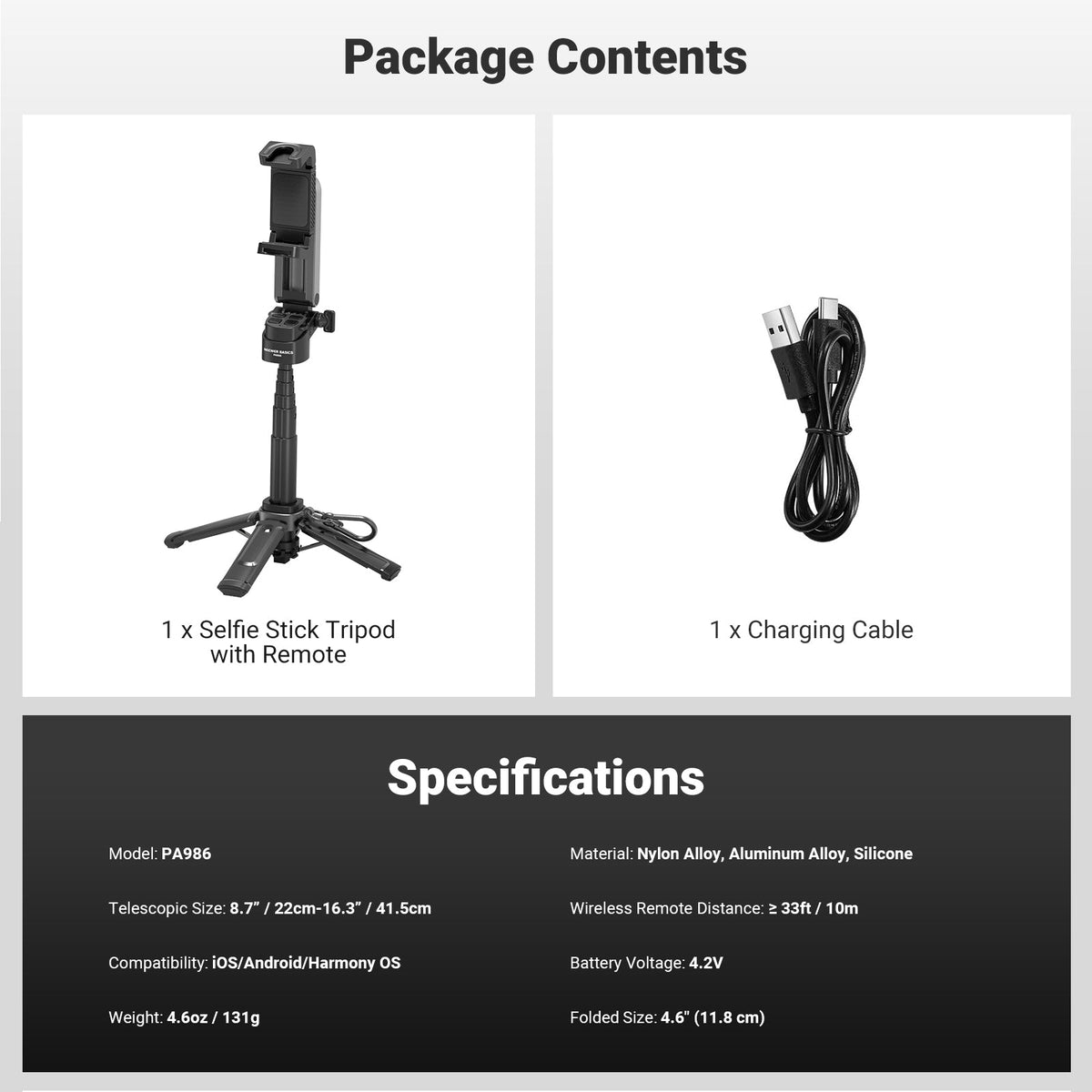 This package includes a selfie stick tripod with remote and a charging cable.