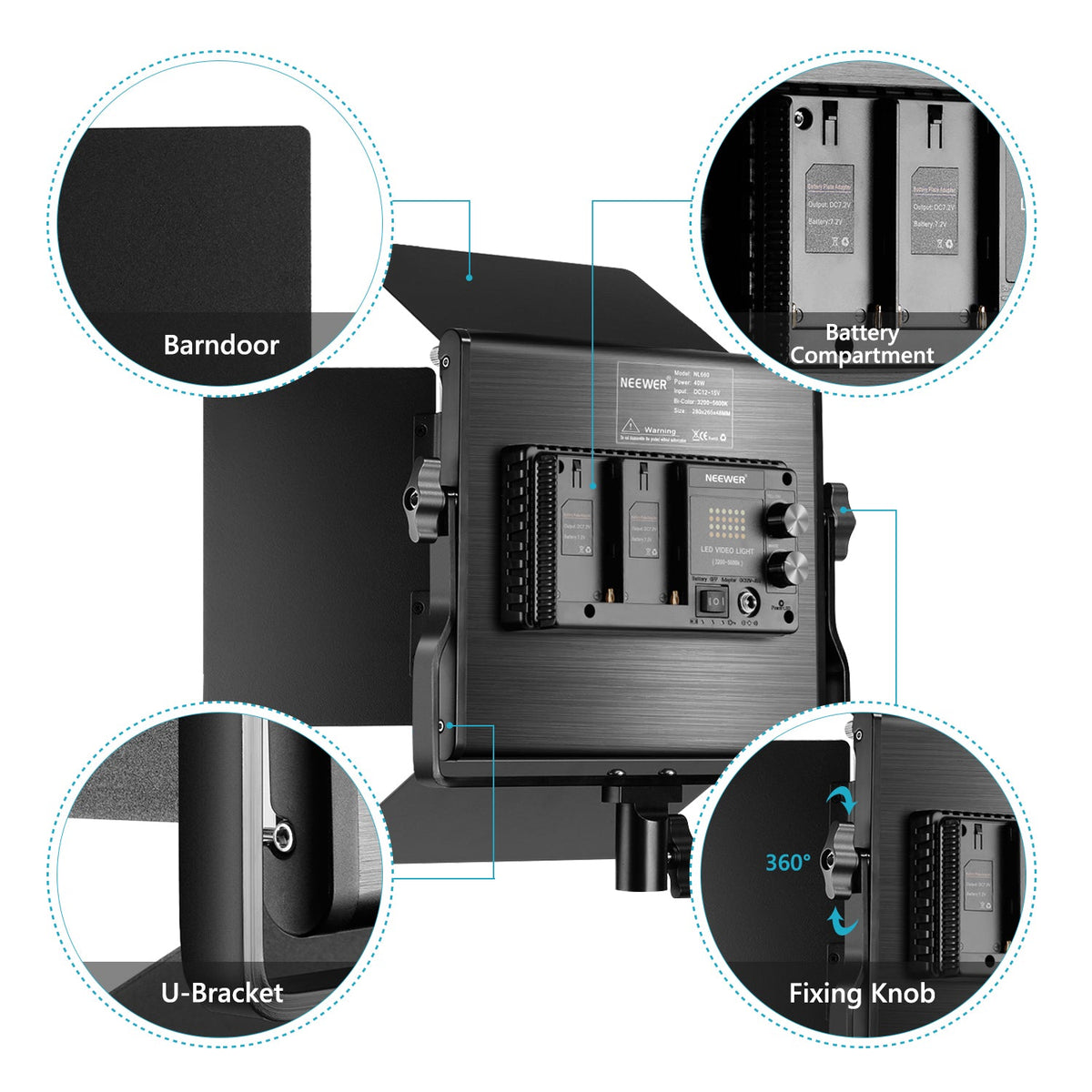 Neewer Professional Dimmable Bi-Color LED Video Ligh twith U Bracket and Barndoor - neewer.com