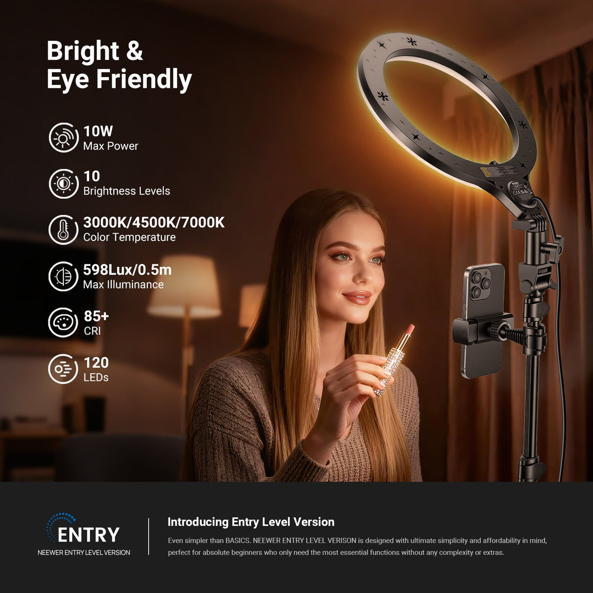The girl holds a lipstick, and the NEEWER N43 Selfie Ring Light with Stand Kit provides lighting for her.
