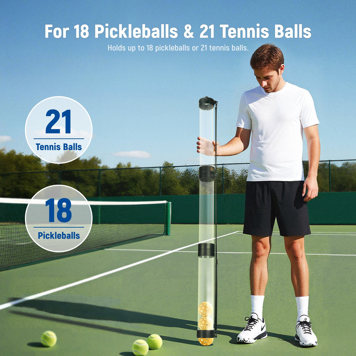 A boy is standing on a tennis court holding a NEEWER PB01S Tennis Ball Picker Upper Tube