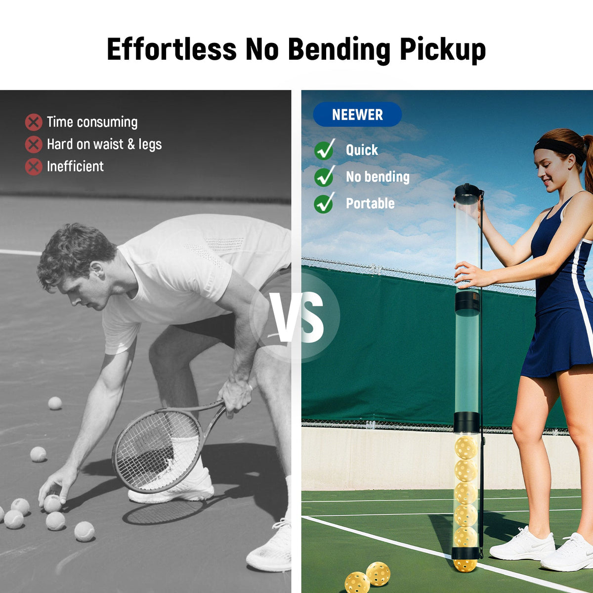 The girl, holding the NEEWER PB01S tennis ball picker-upper tube, stands while picking up the ball, while the boy, holding only his racket, has to bend down to pick it up.