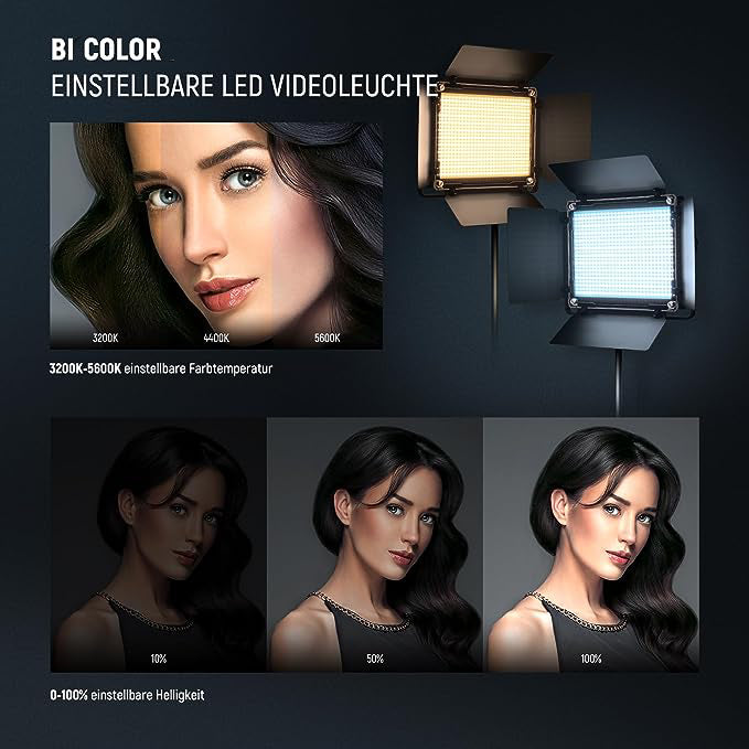 NEEWER NL660 Bi-Color LED Videoleuchte mit einstellbarer Farbtemperatur 3200K-5600K und 0-100% Helligkeit im Porträt-Vergleich.