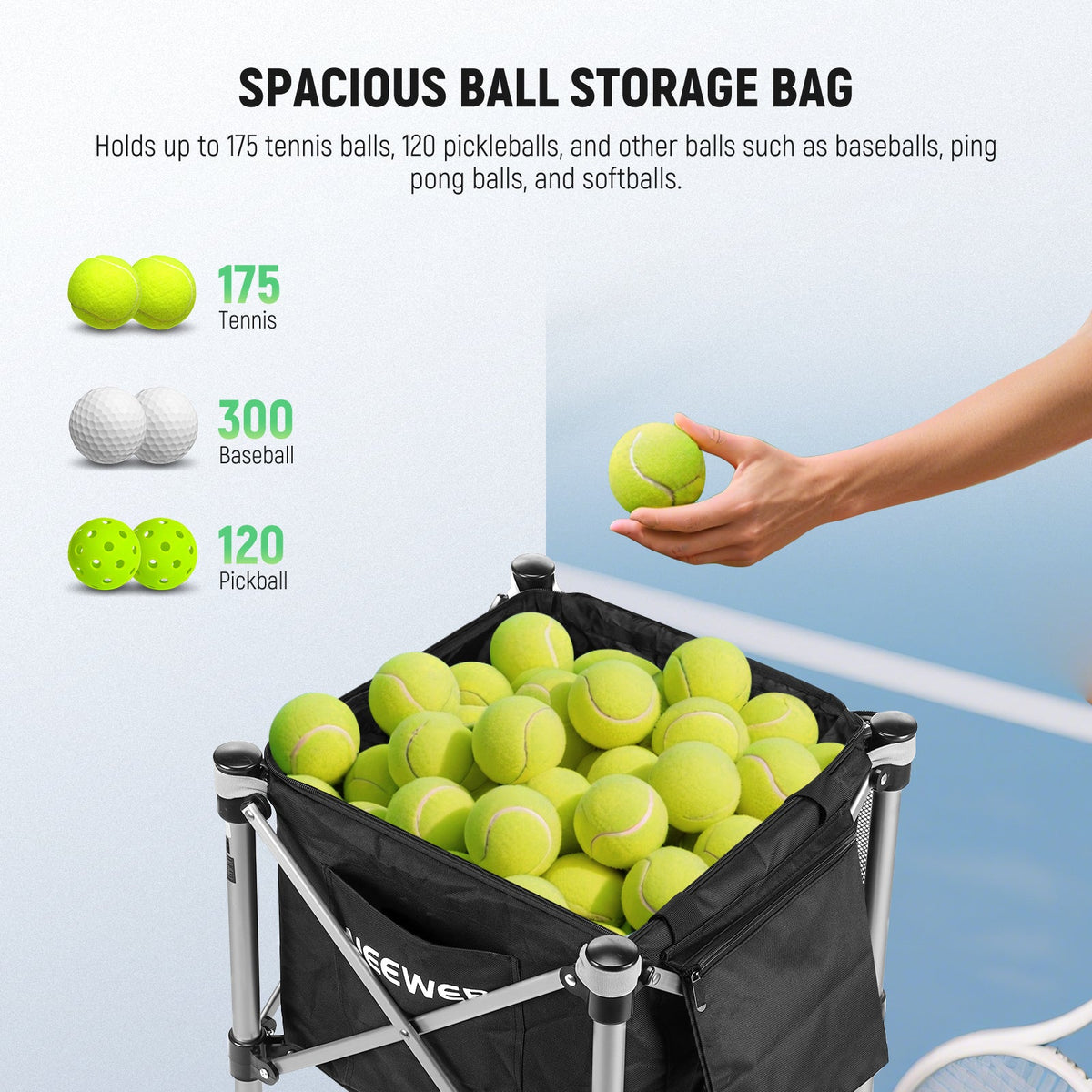NEEWER TB02X Rolling Tennis Ball Cart holds up to 175 tennis balls, 120 pickleballs, and other balls.