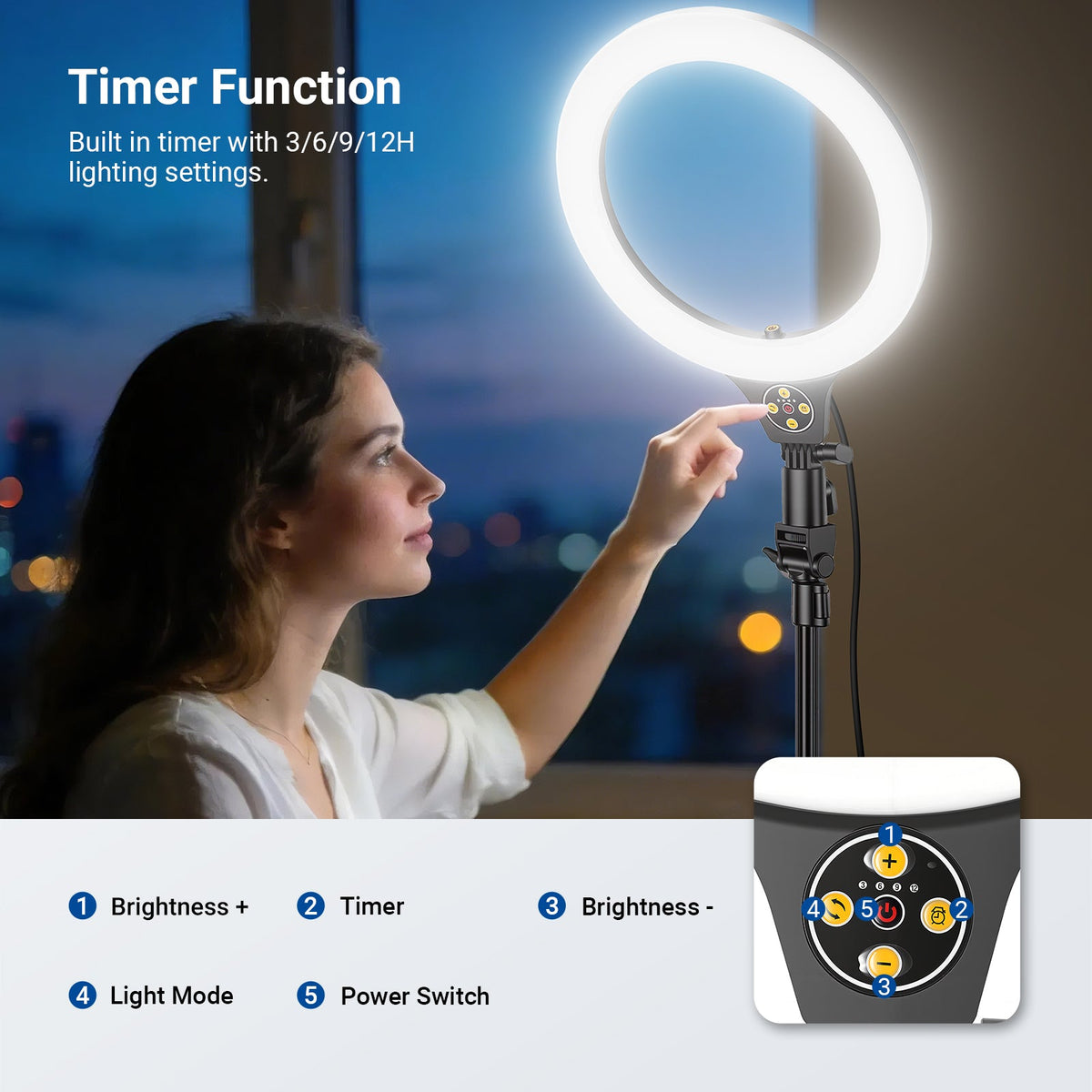 A girl is adjusting the NEEWER N43 Selfie Ring Light.