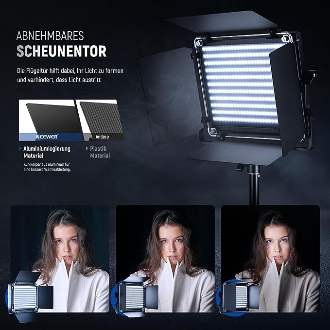 NEEWER NL660 LED Videoleuchte mit abnehmbarem Scheunentor aus robustem Aluminium zur Lichtformung im Vergleich zu Plastik.