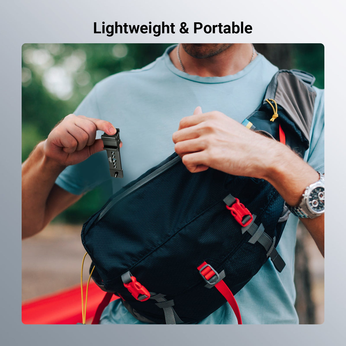 The man easily put the NEEWER CA173 Triple Cold Shoe Mount Plate into his bag.