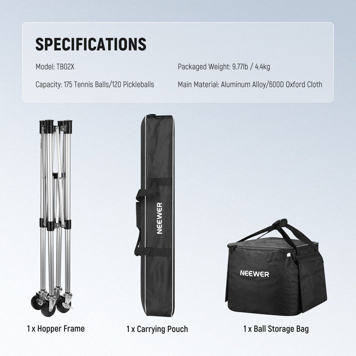 This package includes a hopper frame, a carrying pouch, and a ball storage bag.