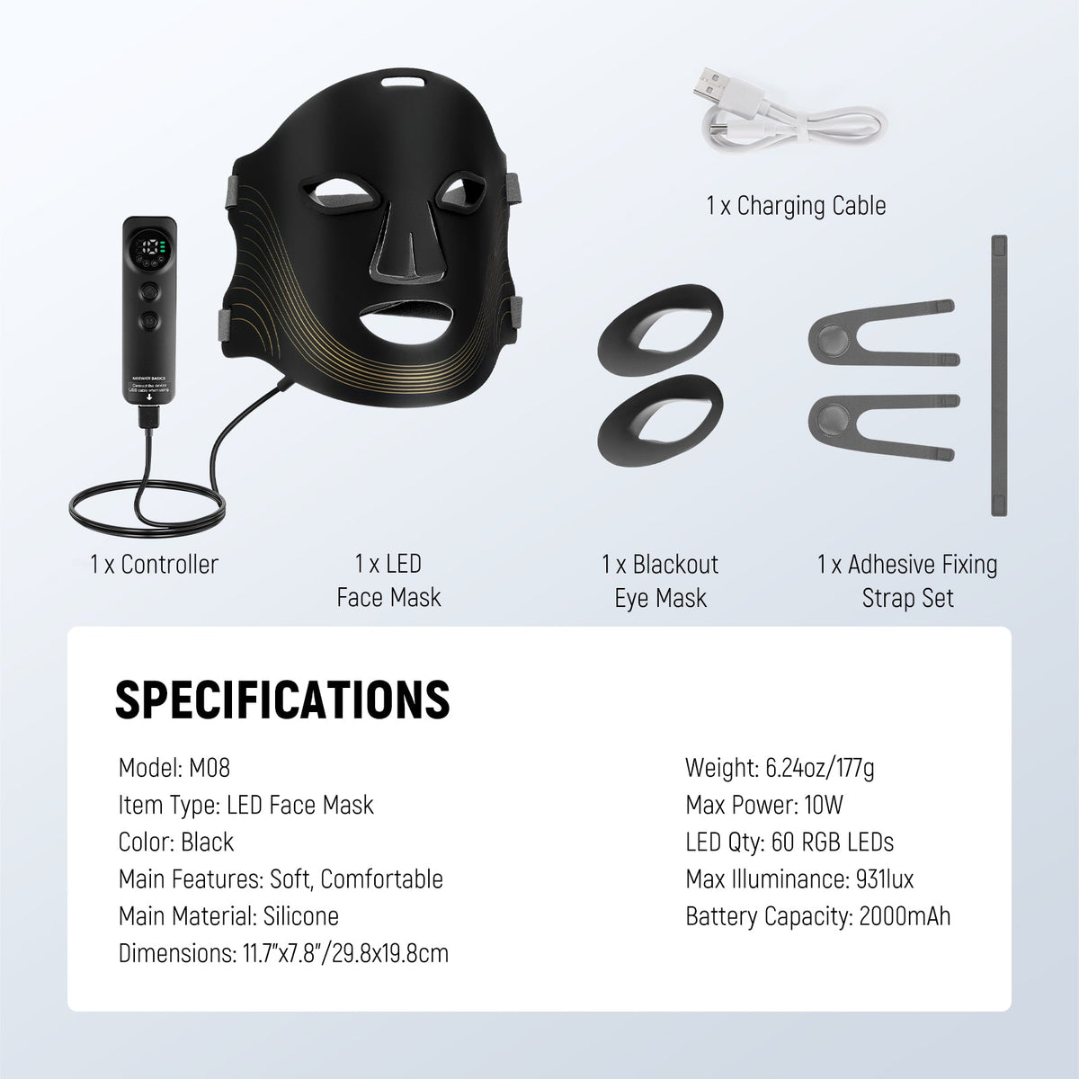 Package Contents of the NEEWER BASICS M08 LED Red Light Therapy Face Mask Kit